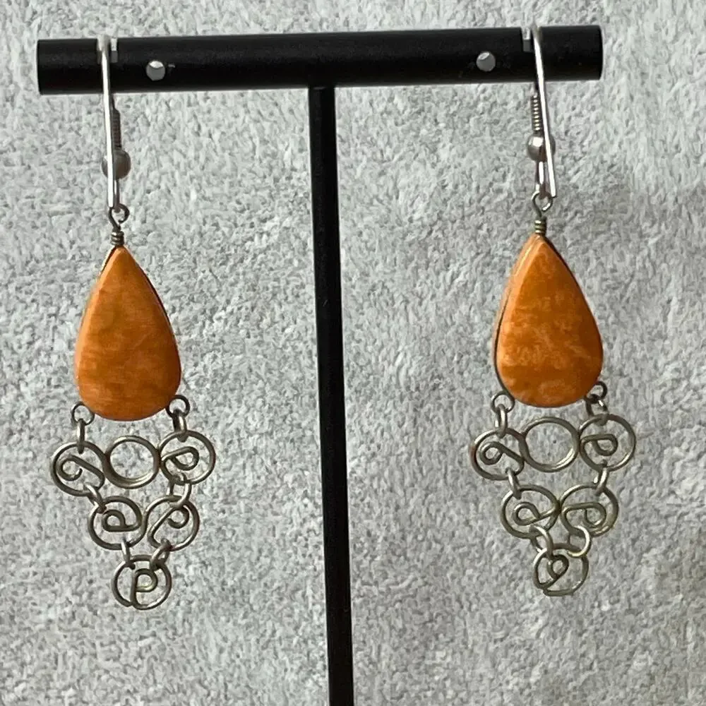 Vintage artist drop earrings silver orange wire chandelier